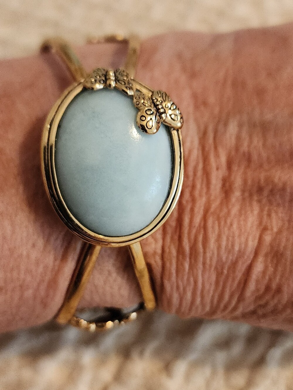 Studio Barse Gold-Tone Cuff Bracelet with Light Aqua Oval Stone and Butterflies